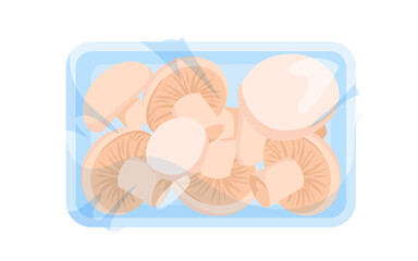 Mushrooms in plastic tray vector illustration. Cartoon isolated styrofoam rectangle container with transparent wrap and whole champignons, transparent cellophane package for vegetable storage