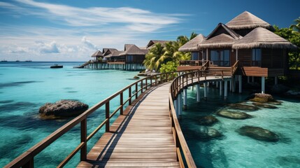 Fototapeta na wymiar Aerial view of Maldives island luxury water villas. Generative AI