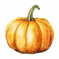 Pumpkin illustration. Hand drawn watercolor painting on white background. Classic pumpkin close-up.