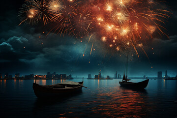 Fireworks illuminating the 2024 New Year, a stunning 3D render