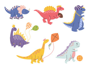 Charming Set Of Cute Dinosaurs, In Vibrant Colors And Playful Poses. Vector Illustration For Children Books, Merchandise