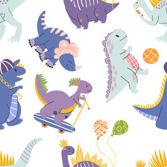 Vibrant And Playful Seamless Pattern Featuring Adorable Dinosaurs In Various Poses And Colors, Play with Balls © Anna Syvak