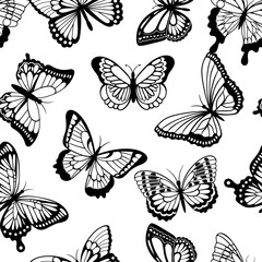 Seamless Pattern Featuring Graceful Black Butterfly Silhouettes On A White Background. Monochrome Tile Ornament