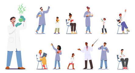 Set Scientist Kids and Adult Characters In Lab Coats, Engaged In Collaborative Research With State-of-the-art Equipment