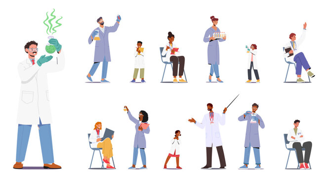 Set Scientist Kids and Adult Characters In Lab Coats, Engaged In Collaborative Research With State-of-the-art Equipment