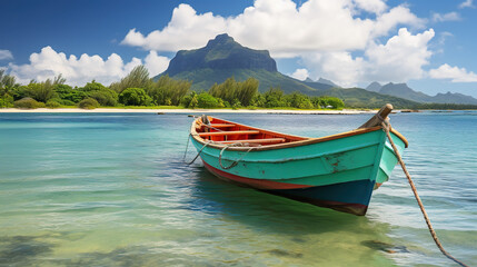 Naklejka na ściany i meble A fishing boat off the coast of the tropical island of Mauritius