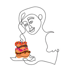 One line drawing of happy woman holding donut plate.
One continuous line drawing of birthday party concept.

