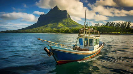 Naklejka na ściany i meble A fishing boat off the coast of the tropical island of Mauritius