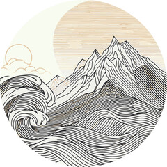 Vector Abstract Mountain Wave Line Art Print. Contemporary Aesthetic Backgrounds with Spectacular Mountain Landscapes.