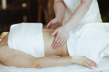 Obraz na płótnie Canvas Closeup on medical massage therapist massaging clients belly