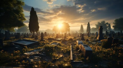 Beautiful cemetery with many rows of graves. Generative AI - obrazy, fototapety, plakaty