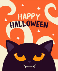 Trendy minimalistic Halloween poster with cat and modern typography. Festive background, cover, sale banner, flyer design. Template for advertising, web, social media