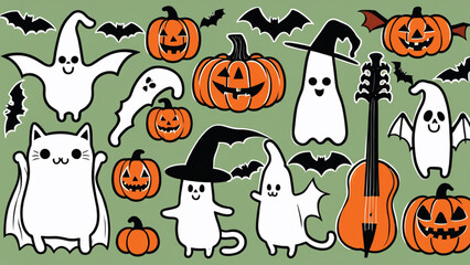 Happy Halloween set of elements, ghost, pumpkin, bat and cat. Vector is cute illustration in hand drawn style Generative AI