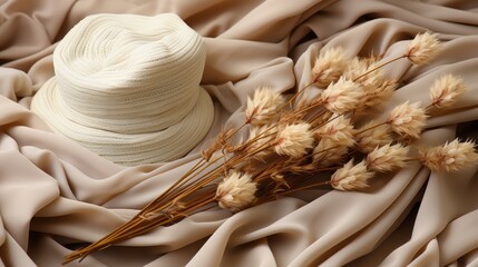 Beige Scarf and reed flowers. Generative AI