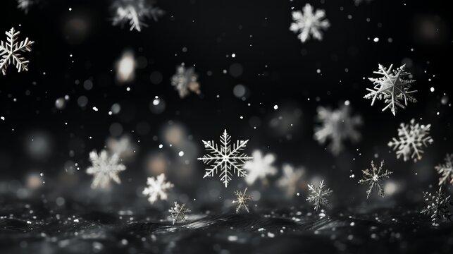 Black and white image of snowflakes on a black background. Generative AI