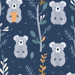 Koalas pattern, background, hand-drawn cartoon flat art Illustrations in minimalist vector style © Alexander