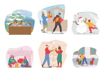 Set Winter Activities and Routines. Characters Relax in Outdoor Baths, Buying Holiday Gifts, Decorate House Yard