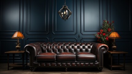 Black leather tufted sofa near dark paneling wall. Generative AI