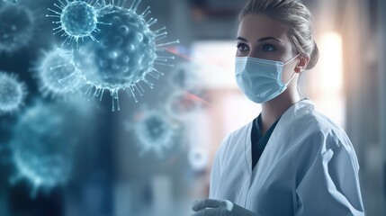 Coronavirus - girl doctor wearing a mask to protect bacteria, a virus flies in the air, blue background