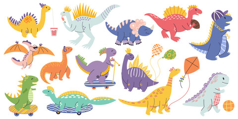 Adorable Dinosaur Characters, Playful, Colorful Children Designs, Featuring Friendly Vibrant Dinos In Various Poses