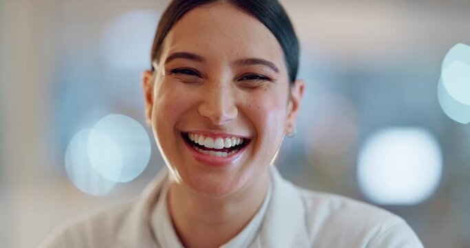 Lab woman, face and scientist happy for clinic confidence, medical innovation or chemist study, trust or investigation. Expert portrait, happiness and laboratory person work on pharmaceutical science