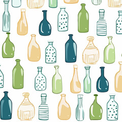 Milk jugs and bottles pattern, background, hand-drawn cartoon flat art Illustrations in minimalist vector style