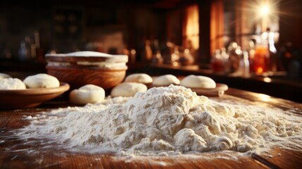 Fototapeta premium Blurred kitchen countertops with a rolling pin. Generative AI