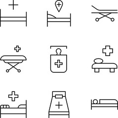 Vector line icon set for design, apps, banners, web sites. Editable strokes. Outline symbols of medical cross by various hospital beds