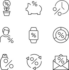 Vector line icon set for design, apps, banners, web sites. Editable strokes. Outline symbols of flower, pig, hour, person, watch, envelope by percent