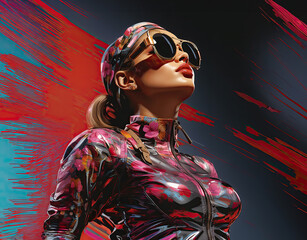 Pop collage Illustration of a beautiful female fashion model with sunglasses over colorful and...