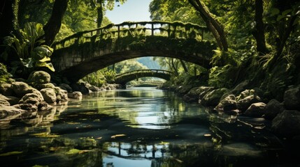 Fototapeta premium Bridge spanning a river amidst lush trees and plants. Generative AI