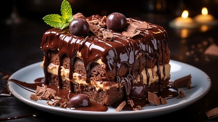 Brownie cake with melted chocolate on top. Generative AI