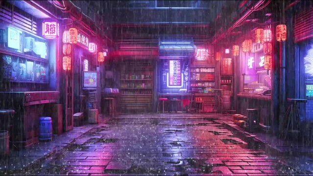 Step into the mesmerizing world of a Tokyo alley bathed in neon lights and gentle rain, the perfect animated background for VTuber streaming . Immerse your viewers in the captivating ambiance.