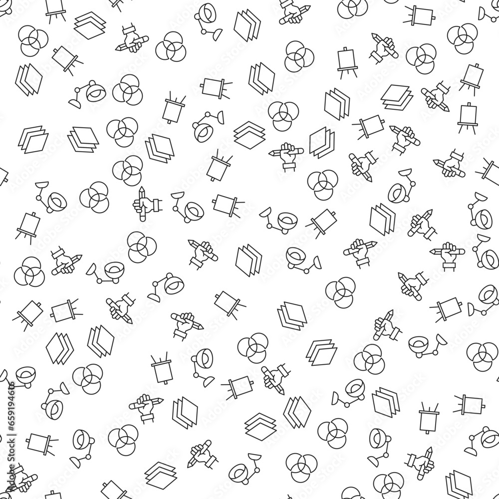 Poster lamp, drawing, stack of documents, intersected circles, easel vector seamless pattern for websites, 