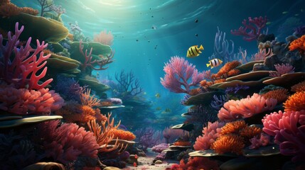Cartoon illustration of a coral reef with fish adding. Generative AI