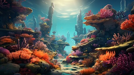 Cartoon illustration of a coral reef with fish adding. Generative AI