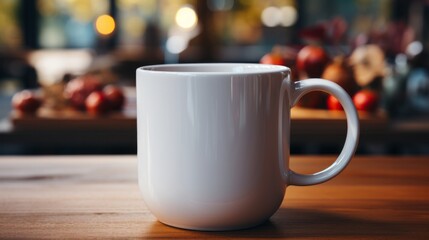 Fototapeta premium Ceramic white color mug cup morning tea coffee on wood. Generative AI
