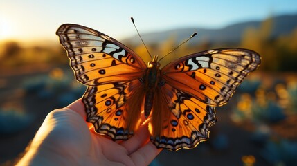 Obraz premium Childs gentle grasp on a delicate butterfly. Generative AI