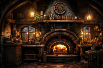 Fototapeta premium Antique furnace oven with crackling firewood, reminiscent of traditional craftsmanship. Generative Ai.