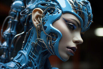 A close-up portrait reveals the mesmerizing blue lips of a robot. Generative Ai.