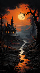Fototapeta na wymiar Fantastic night landscape background for Halloween. Ai generative art