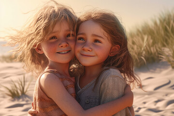 On a sunny day during their vacation, siblings share a heartwarming hug at the beach. Generative Ai, Ai.