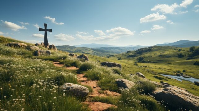 Christian Catholic cross on the hills. Generative AI