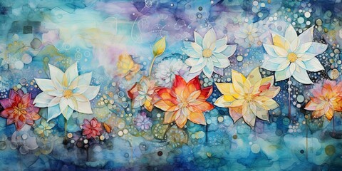Fototapeta na wymiar watercolor floral background with mosaic flowers illustration..