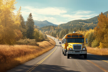 A school bus travels on a highway in a rural area of Washington, representing the daily commute and transportation of students. Generative Ai, Ai.