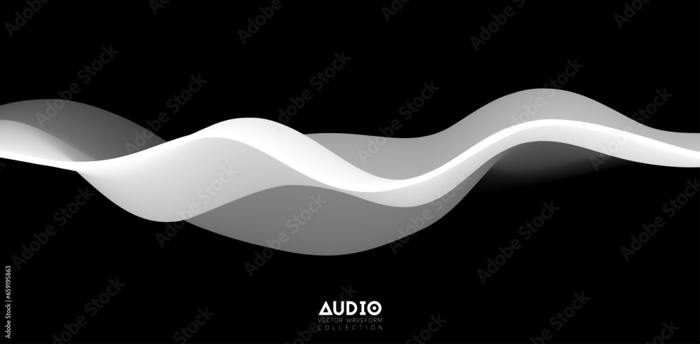 Poster sound wave visualiztion. 3d black and white solid waveform. voice sample pattern.