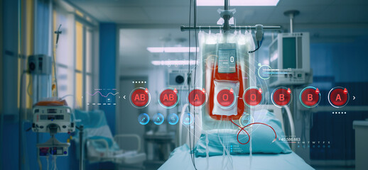 red IV drip bag for blood donation types at hospital recovery room, emergency ICU medical laboratory for health care and volunteer world blood bank donation as wide banner - obrazy, fototapety, plakaty