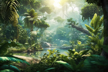 A panoramic banner background depicting a tropical forest landscape, symbolizing environmental ecology, sustainable energy, and Earth Day. Generative Ai, Ai.