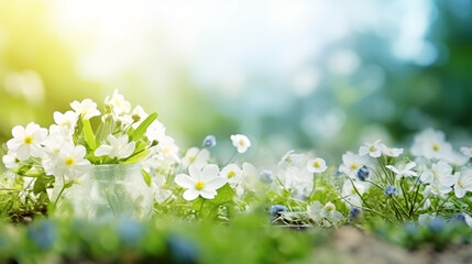 Wildflowers in fresh grass against blurred background - Ecology concept