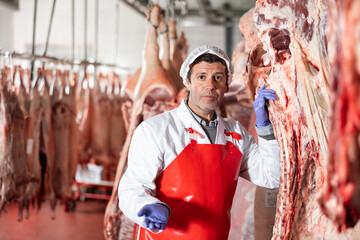 Male butcher showing beef chunk in meat storage